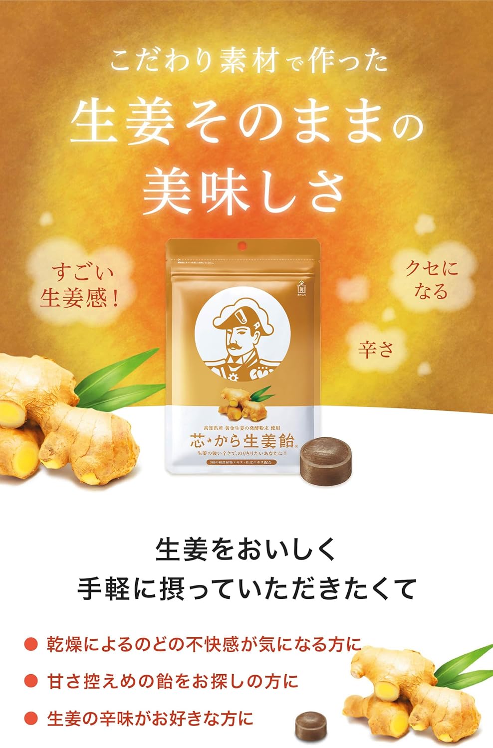 Morishita Rendan Core Ginger Candy – Golden Ginger Throat Candy with Gingerol &amp; Shogaol from Kochi Prefecture (48g x 5 Bags)
