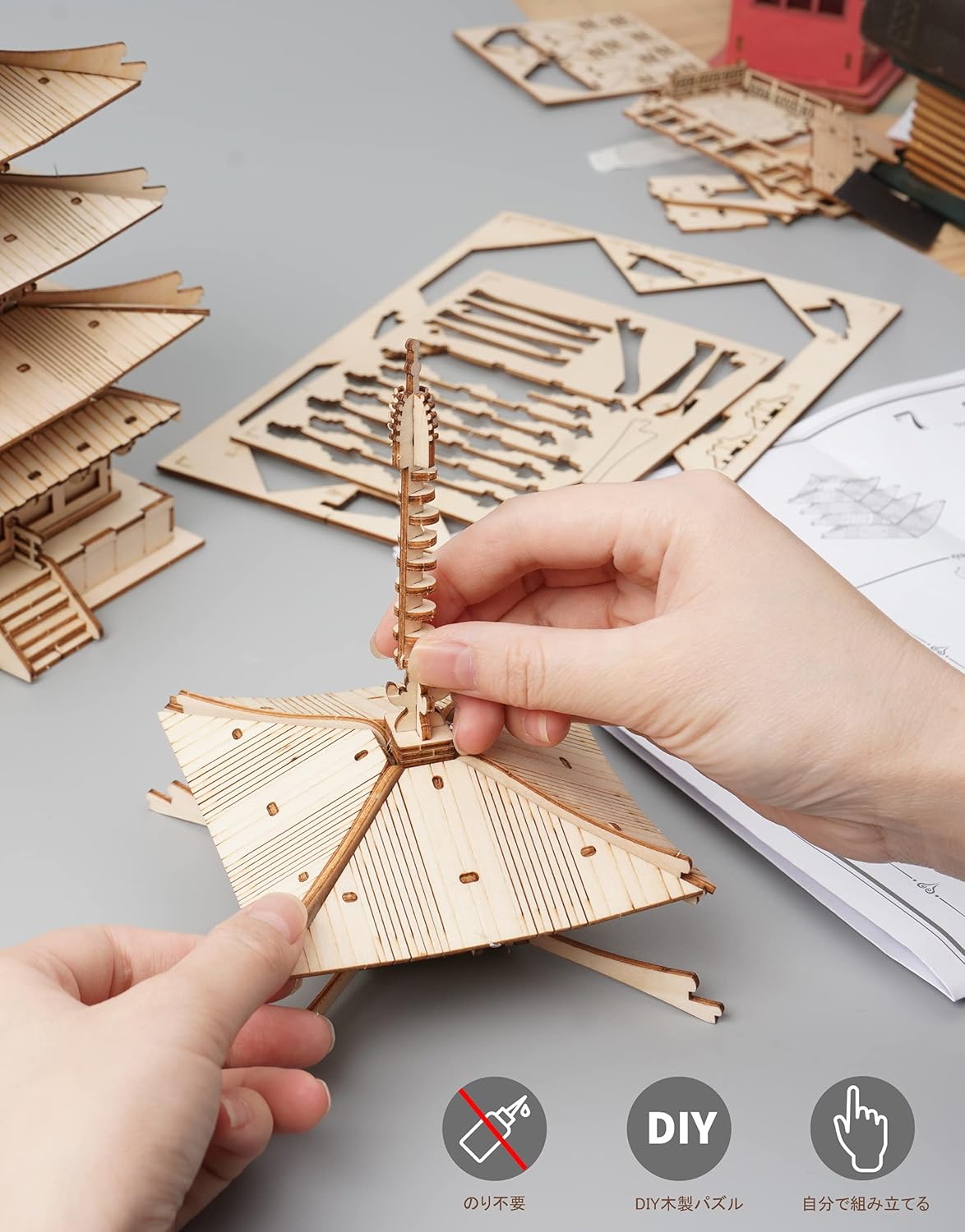 ROBOTIME Horyuji Five-Story Pagoda 3D Wooden Puzzle DIY Model Kit – Educational Craft for Kids &amp; Adults