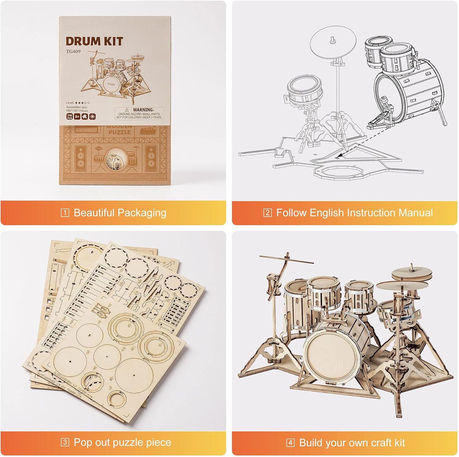 ROBOTIME Drum Set TG409 3D Wooden Puzzle – DIY Craft Model Kit, Educational Toy for Kids &amp; Adults
