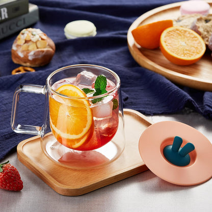 Pokaroty Pink Rabbit Ears Double Wall Glass Mug – 360ml Heat-Resistant Cup with Airtight Lid