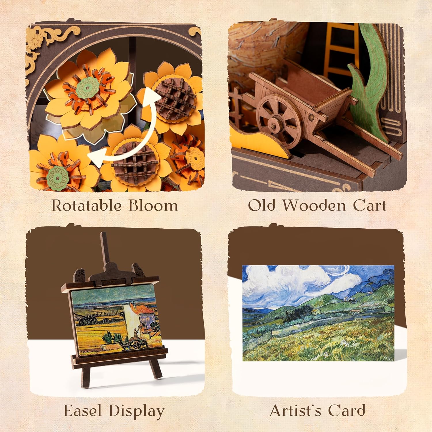 ROBOTIME TH002 Golden Sunflower Wooden Flower Building Set with Lights – DIY Van Gogh Inspired Wall Art Craft for Adults