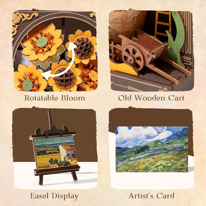 ROBOTIME TH002 Golden Sunflower Wooden Flower Building Set with Lights – DIY Van Gogh Inspired Wall Art Craft for Adults