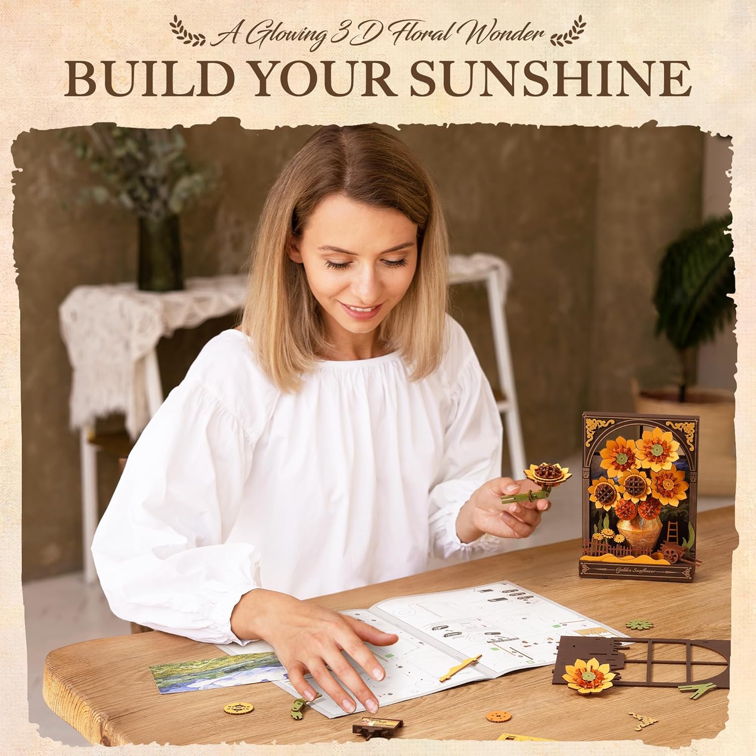 ROBOTIME TH002 Golden Sunflower Wooden Flower Building Set with Lights – DIY Van Gogh Inspired Wall Art Craft for Adults