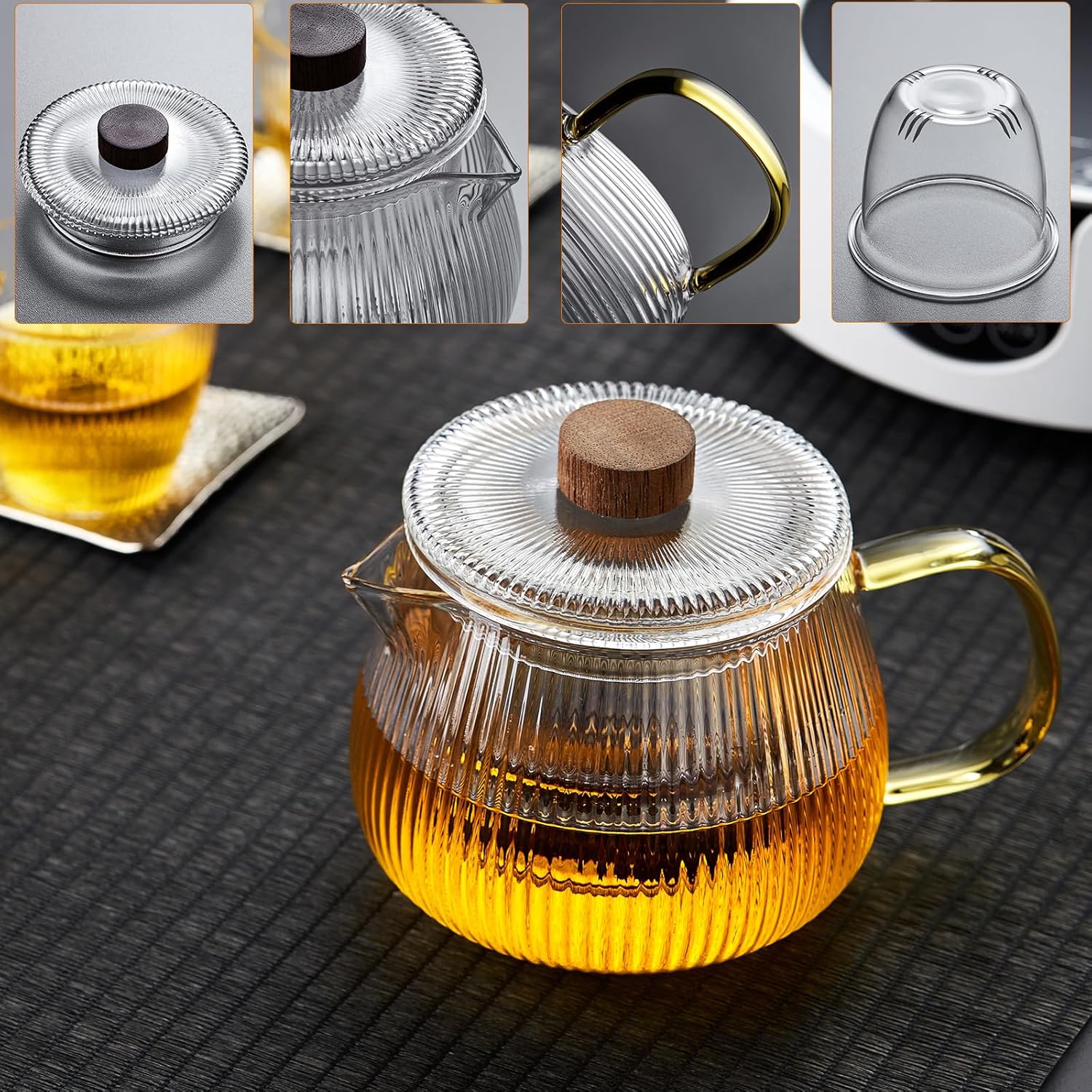 Pocarati Melon Glass Teapot 570ml – Heat-Resistant, Microwave Safe with Strainer &amp; Wooden Knob