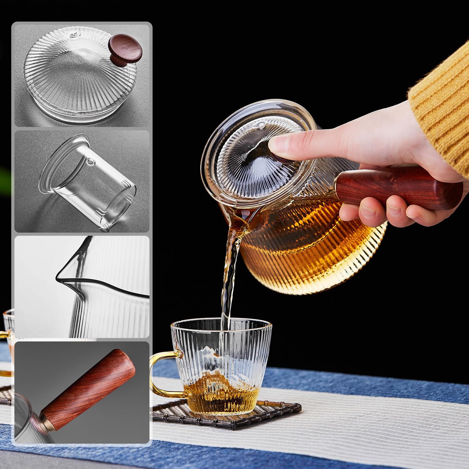 Pokaloti Heat-Resistant Glass Teapot 800ml – Wooden Handle, Transparent Infuser, Open Flame Safe