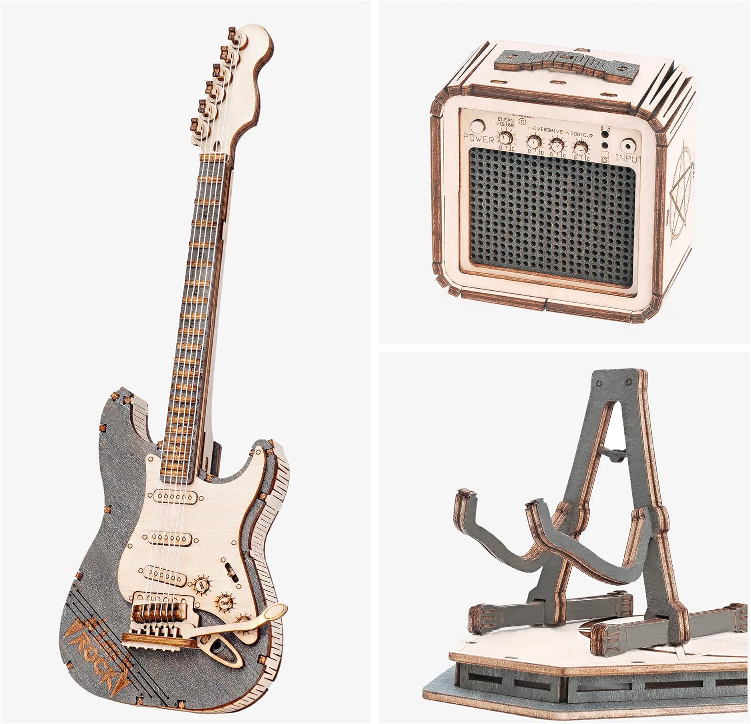ROBOTIME Electric Guitar 3D Wooden Puzzle – DIY Craft Assembly Model Kit, Musical Instrument Series