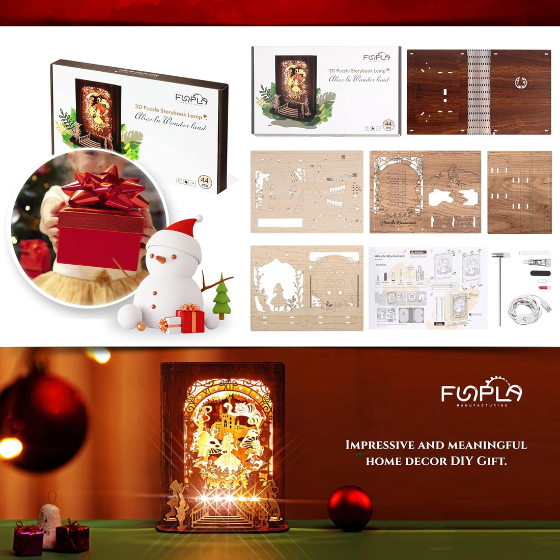FUNPOLA Alice in Wonderland 3D Wooden Puzzle Night Light | DIY LED Book Lamp