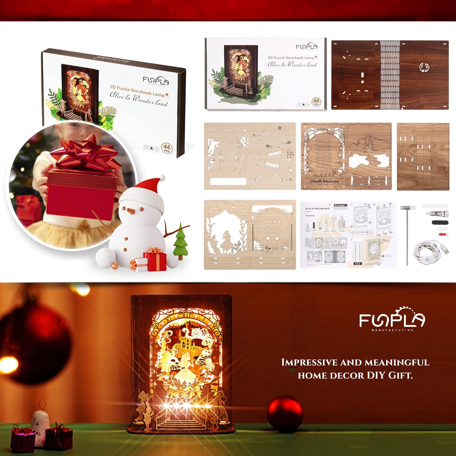 FUNPOLA Alice in Wonderland 3D Wooden Puzzle Night Light | DIY LED Book Lamp