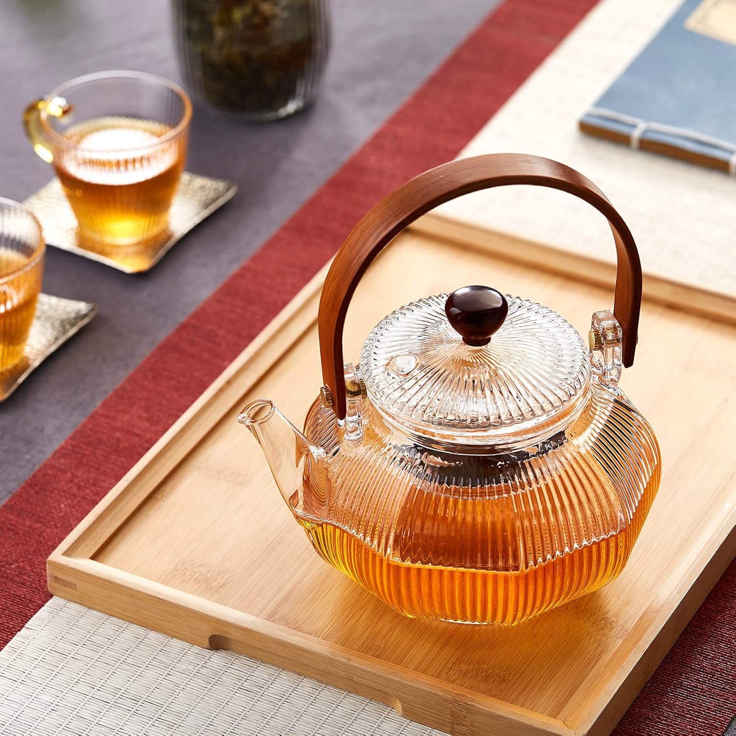 Pocarati Heat-Resistant Glass Teapot Set 760ml – Vertical Striped Lantern Design with 4 Tea Cups