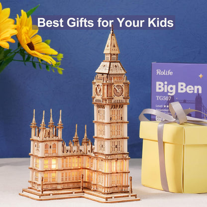 ROBOTIME Big Ben TG507 3D Wooden Puzzle – DIY Craft Model Kit, Educational Toy &amp; Gift for Kids and Adults