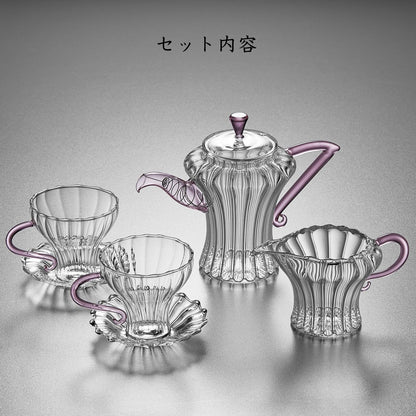 Pocaroty Pink Princess Tea Set 340ml – Handmade Glass Teapot with Cups &amp; Saucers for 2