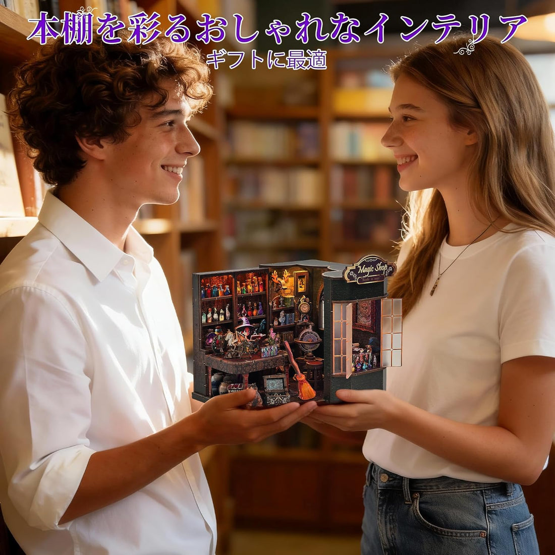 DIY Book Nook Kit Miniature House – 3D Wooden Puzzle Bookshelf Insert with LED Light for Adults &amp; Teens