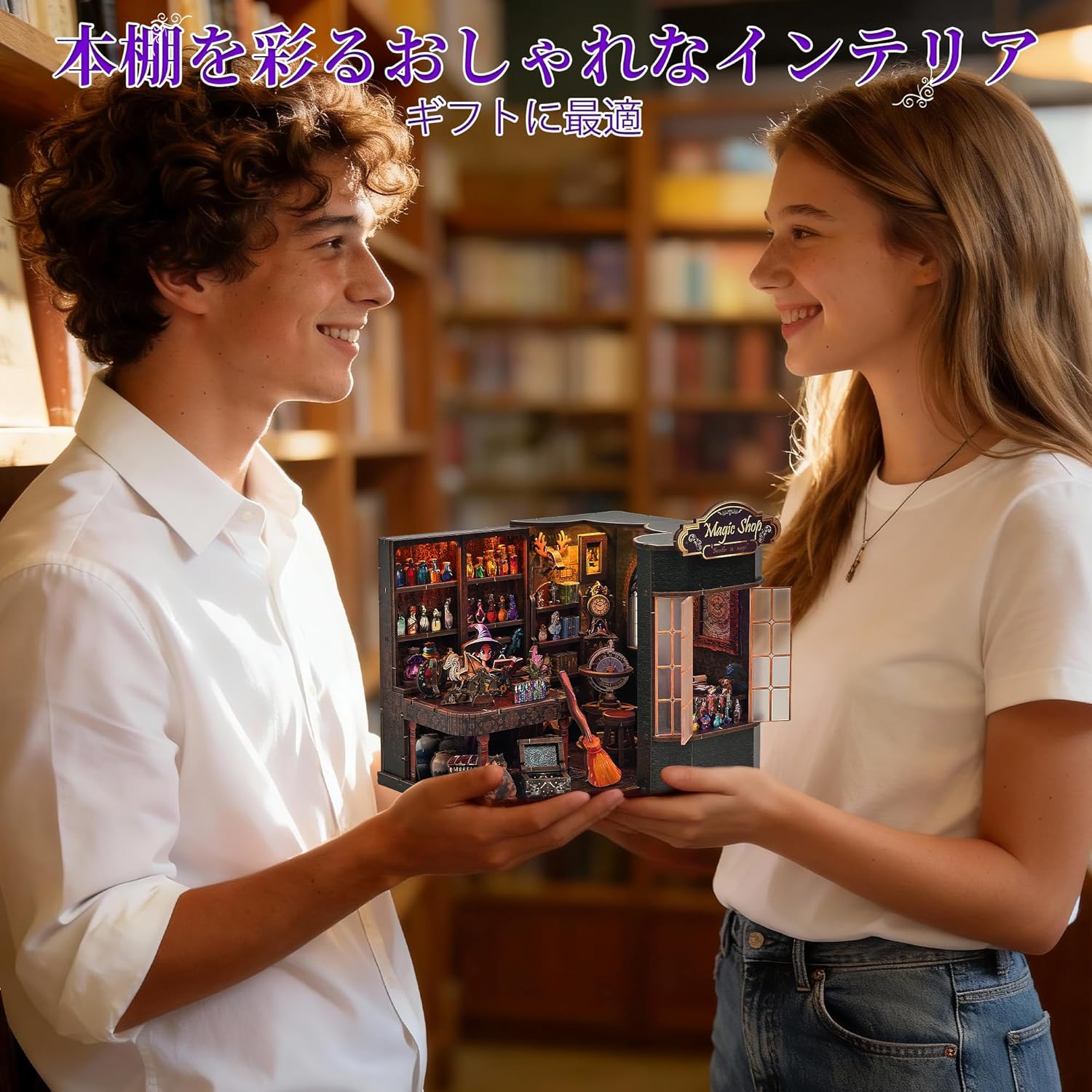 DIY Book Nook Kit Miniature House – 3D Wooden Puzzle Bookshelf Insert with LED Light for Adults &amp; Teens