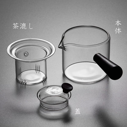 Pocarati Heat-Resistant Glass Teapot 500ml – Side Wooden Handle, Direct Flame Safe, with Glass Tea Strainer