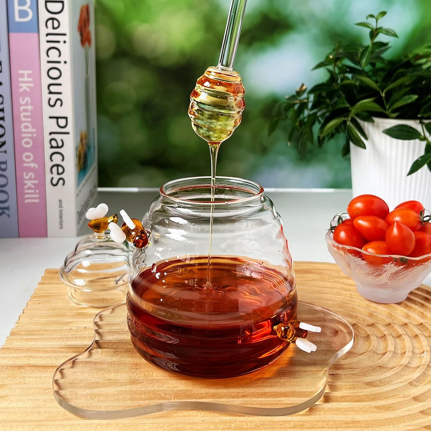 Pocarati Honey Pot with Dipper – 520ml Heat-Resistant Glass Jar with Lid