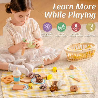 ROBOTIME Wooden Play Food Set with Picnic Basket – Pretend Kitchen Toy with Fruits, Desserts, Drinks &amp; Cookware for Kids Ages 3+