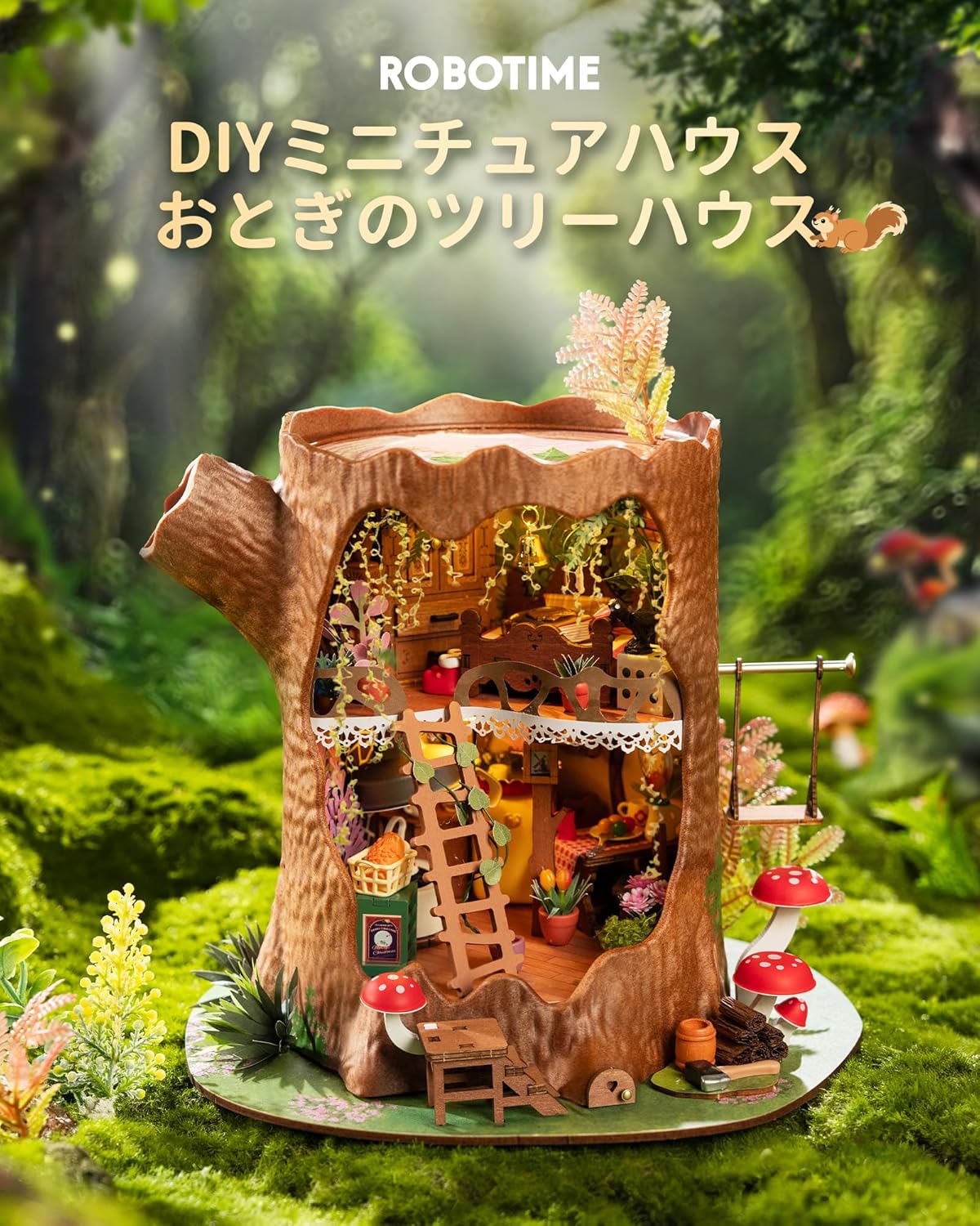 ROBOTIME DG179 Tree House DIY Miniature Dollhouse Kit – Handmade Mini Model with Figurines &amp; Accessories for Kids and Adults