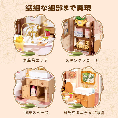 ROBOTIME DW014B Super Creator Pop Bubble Bathroom Miniature House Kit – DIY Dollhouse with LED Light &amp; Detailed Accessories