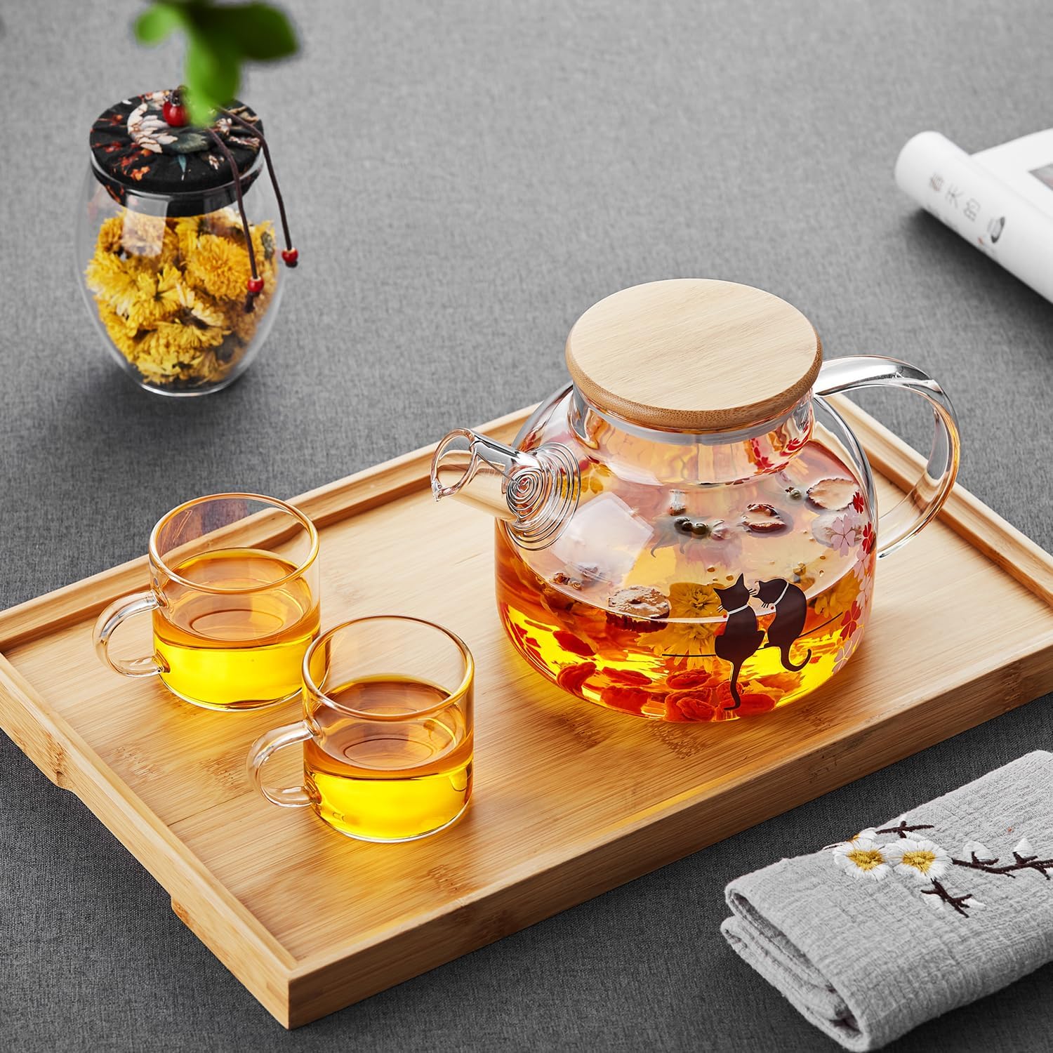Pocarati Cherry Blossom Cat Glass Teapot 1000ml – Heat Resistant, Cute Round Design, Direct Flame Safe