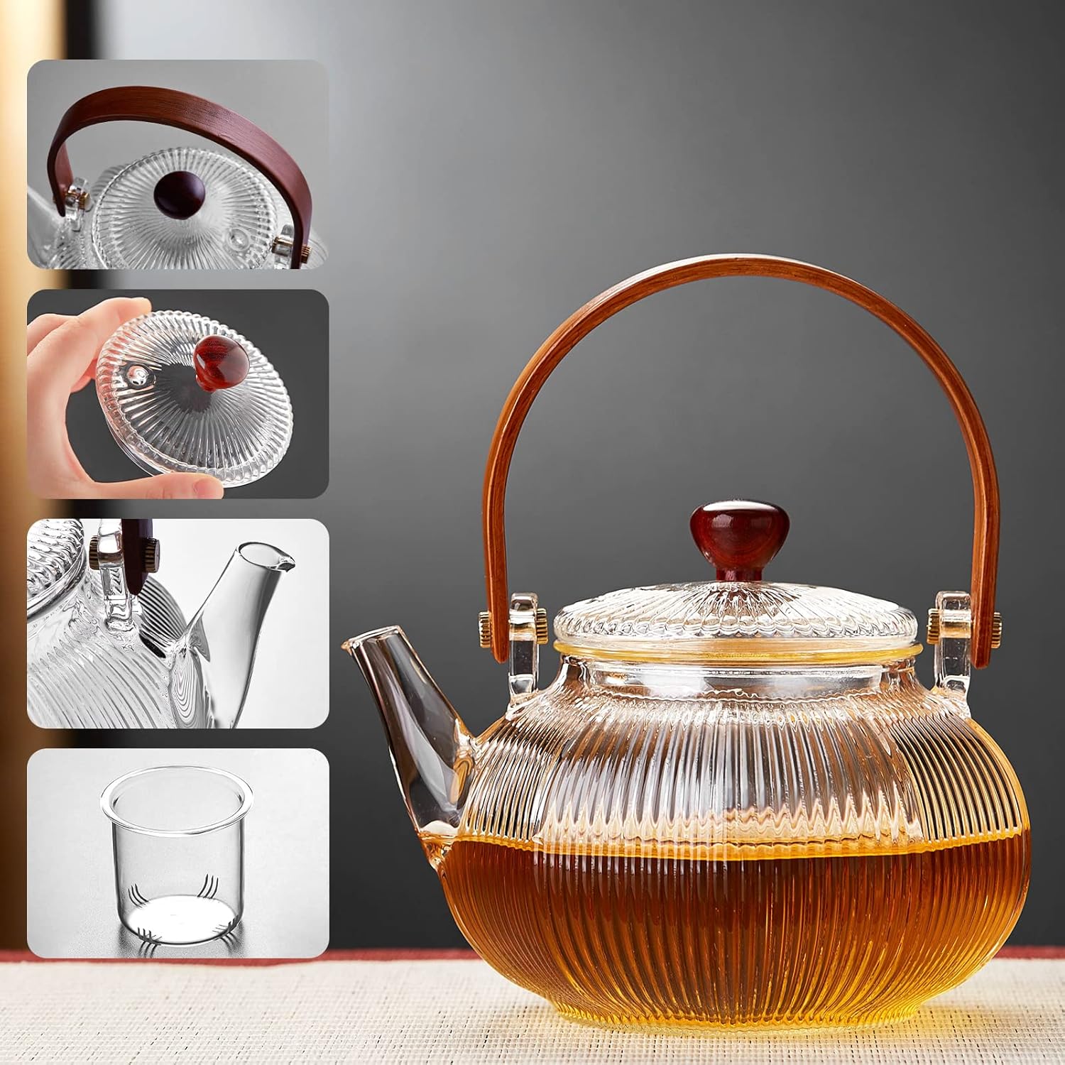 Pocarati Heat-Resistant Glass Teapot Set 760ml – Vertical Striped Lantern Design with 4 Tea Cups