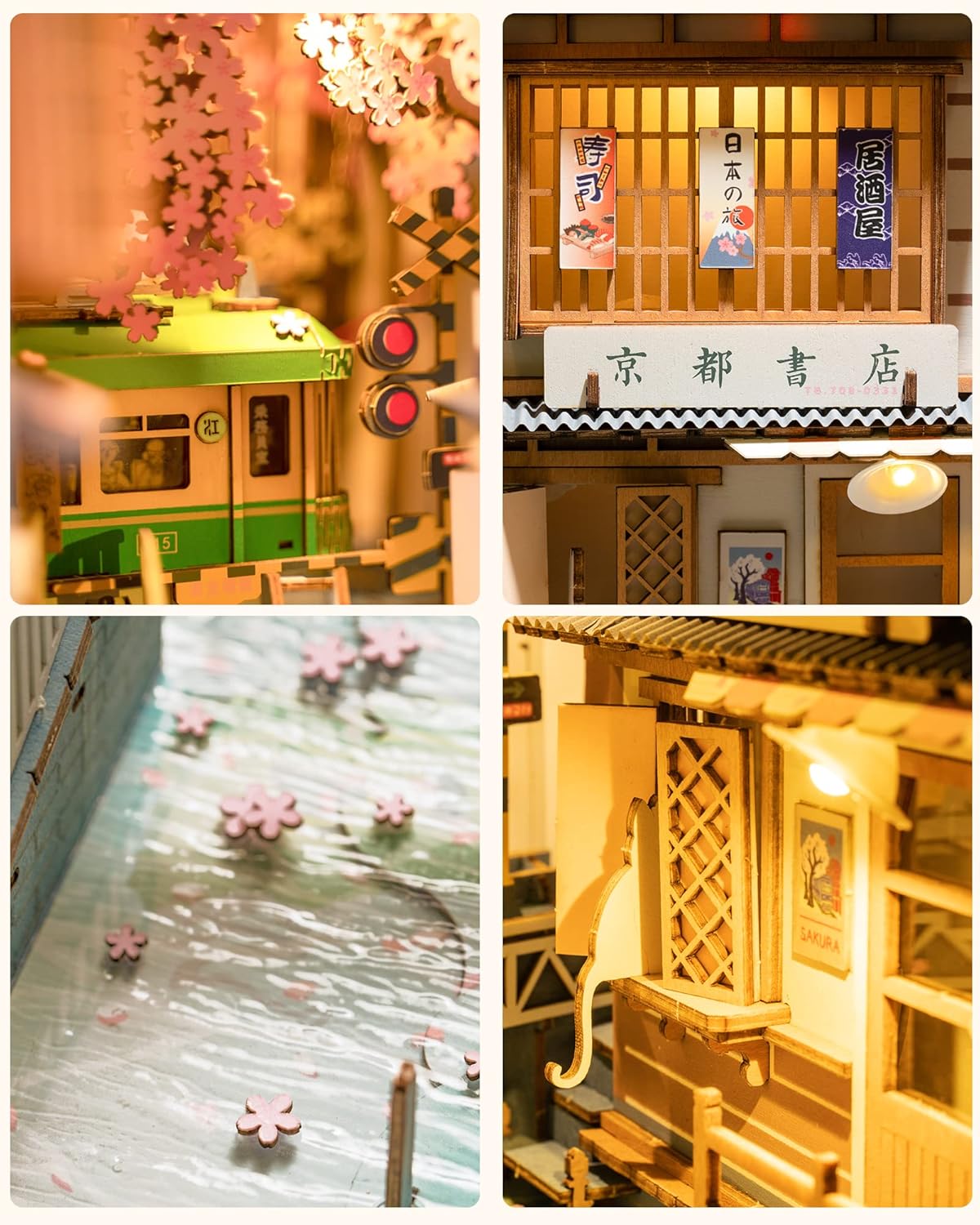 ROBOTIME Cherry Blossom Train Book Nook Kit – DIY 3D Wooden Puzzle with LED Lights &amp; Bookend Function