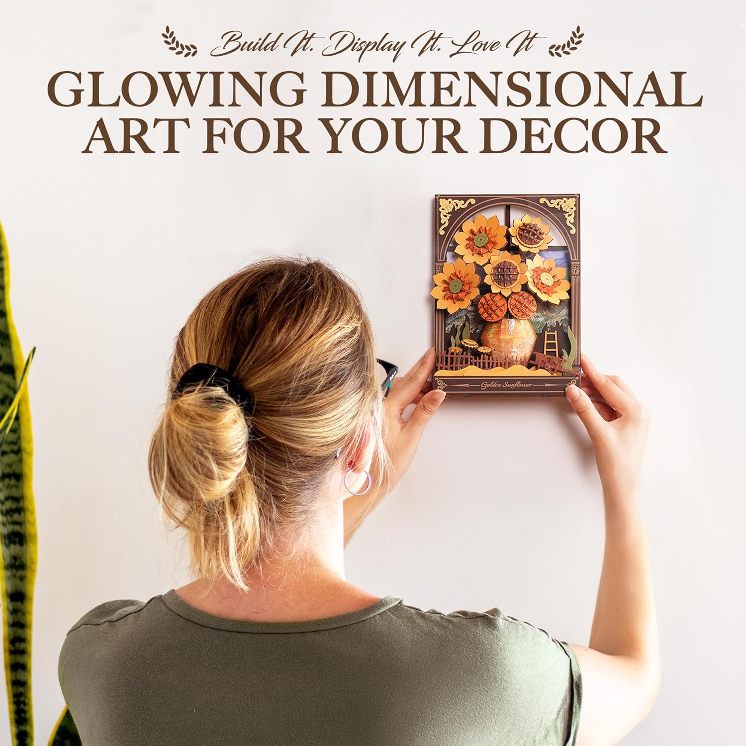 ROBOTIME TH002 Golden Sunflower Wooden Flower Building Set with Lights – DIY Van Gogh Inspired Wall Art Craft for Adults