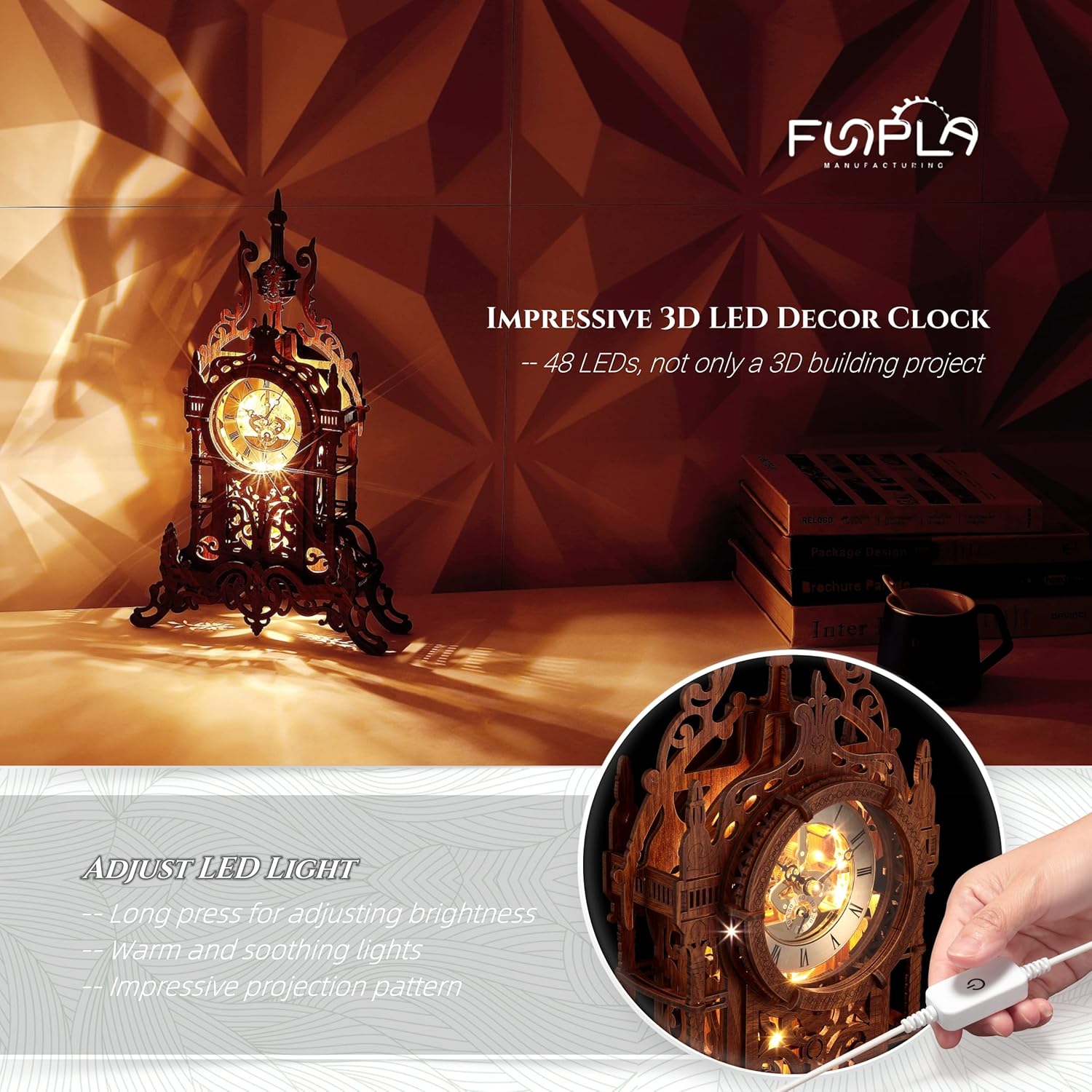 FUNPOLA LED 3D Wooden Puzzle Clock | DIY Handmade Wall Clock with Nordic Design