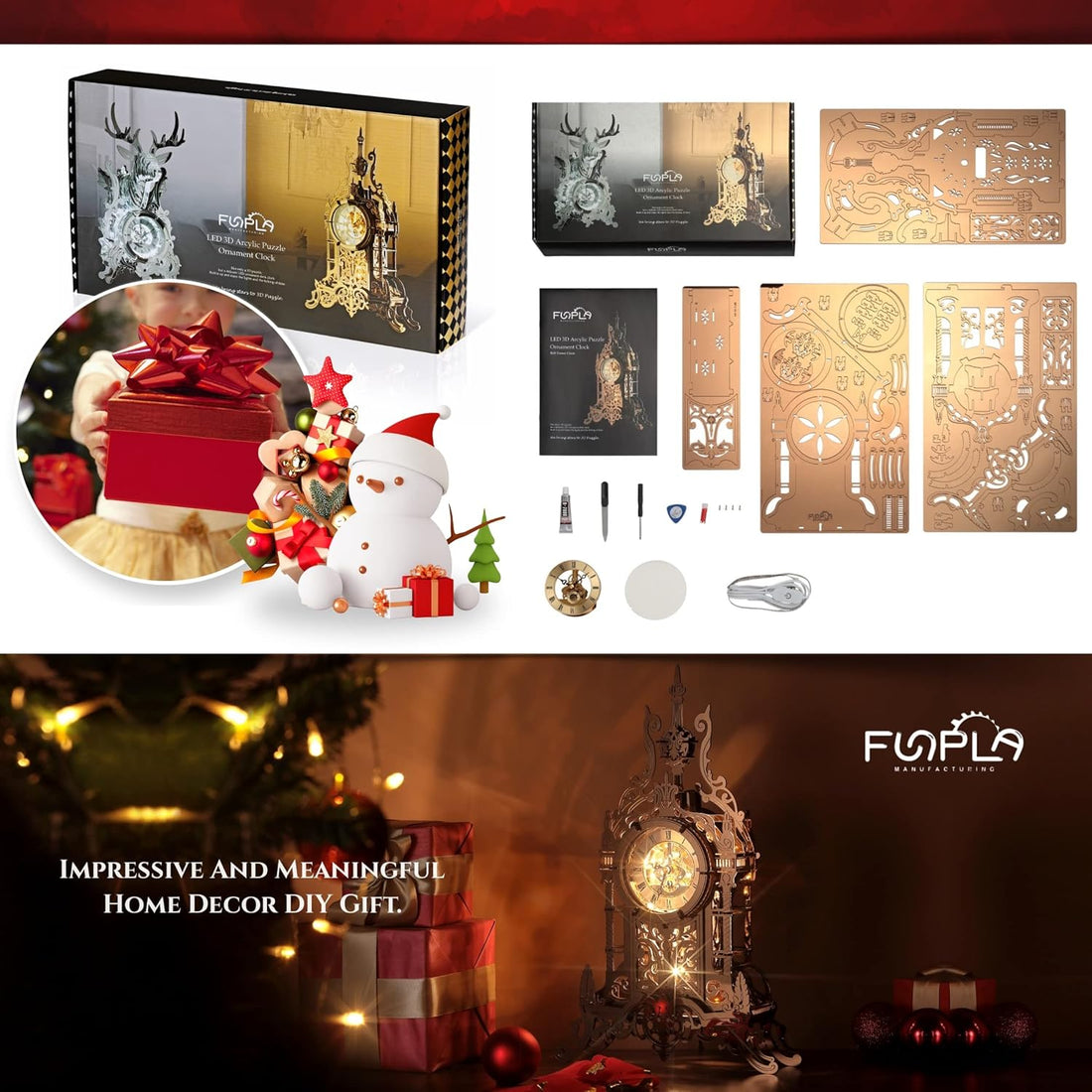 FUNPOLA 3D Acrylic LED Metal Puzzle Clock Tower Model | DIY Handmade Table Clock