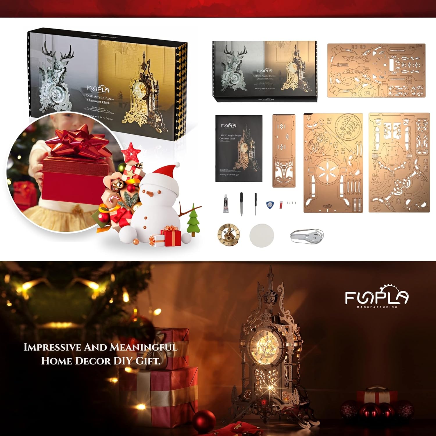 FUNPOLA 3D Acrylic LED Metal Puzzle Clock Tower Model | DIY Handmade Table Clock