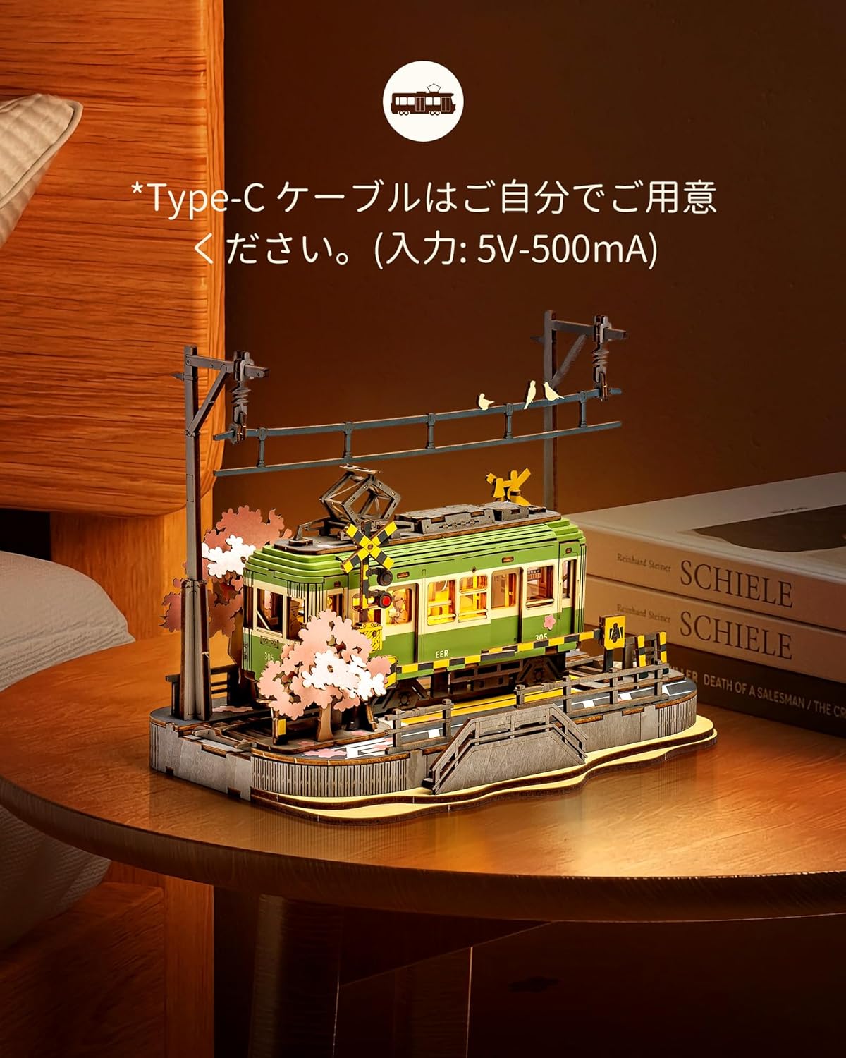 ROBOTIME Cherry Blossom Train 3D Wooden Puzzle with LED Lights – DIY Mechanical Assembly Model, Japanese-Style Craft Kit &amp; Decorative Educational Toy