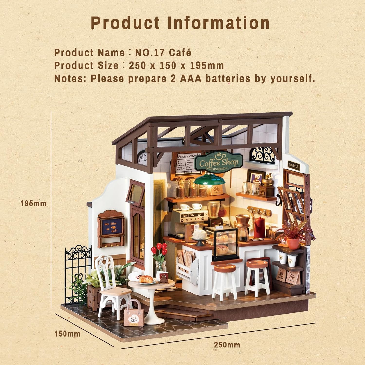 Rolife Café Miniature House Kit NO.17 | DIY Wooden Coffee Shop Dollhouse with LED Light