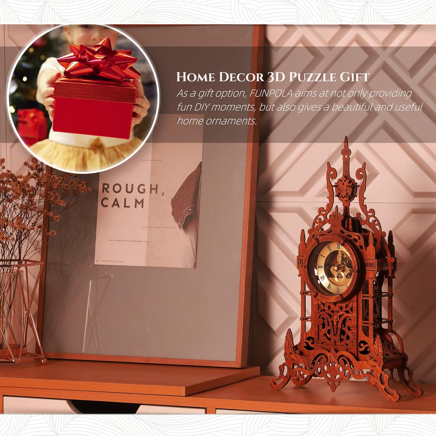 FUNPOLA LED 3D Wooden Puzzle Clock | DIY Handmade Wall Clock with Nordic Design