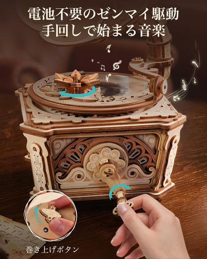 ROBOTIME Retro Phonograph 3D Wooden Puzzle – DIY Mechanical Music Box Model Kit with Gear-Driven Automatic Playback