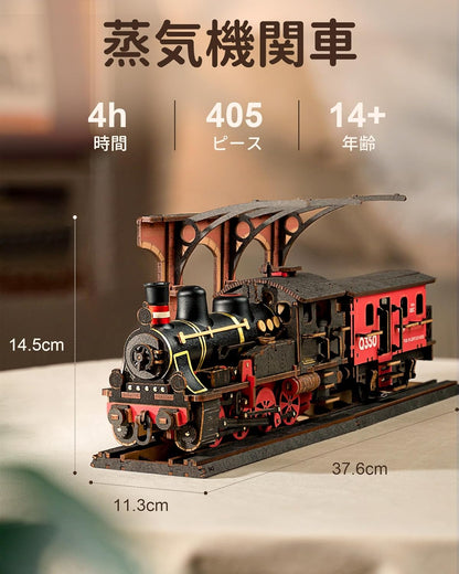 ROBOTIME TGS01 Steam Locomotive 3D Wooden Puzzle – DIY Mechanical Train Model Kit, Educational Craft for Kids &amp; Adults