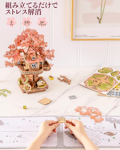 ROBOTIME Cherry Blossom 3D Wooden Puzzle – DIY Mechanical Model Kit, Japanese-Style Home Décor &amp; Educational Craft