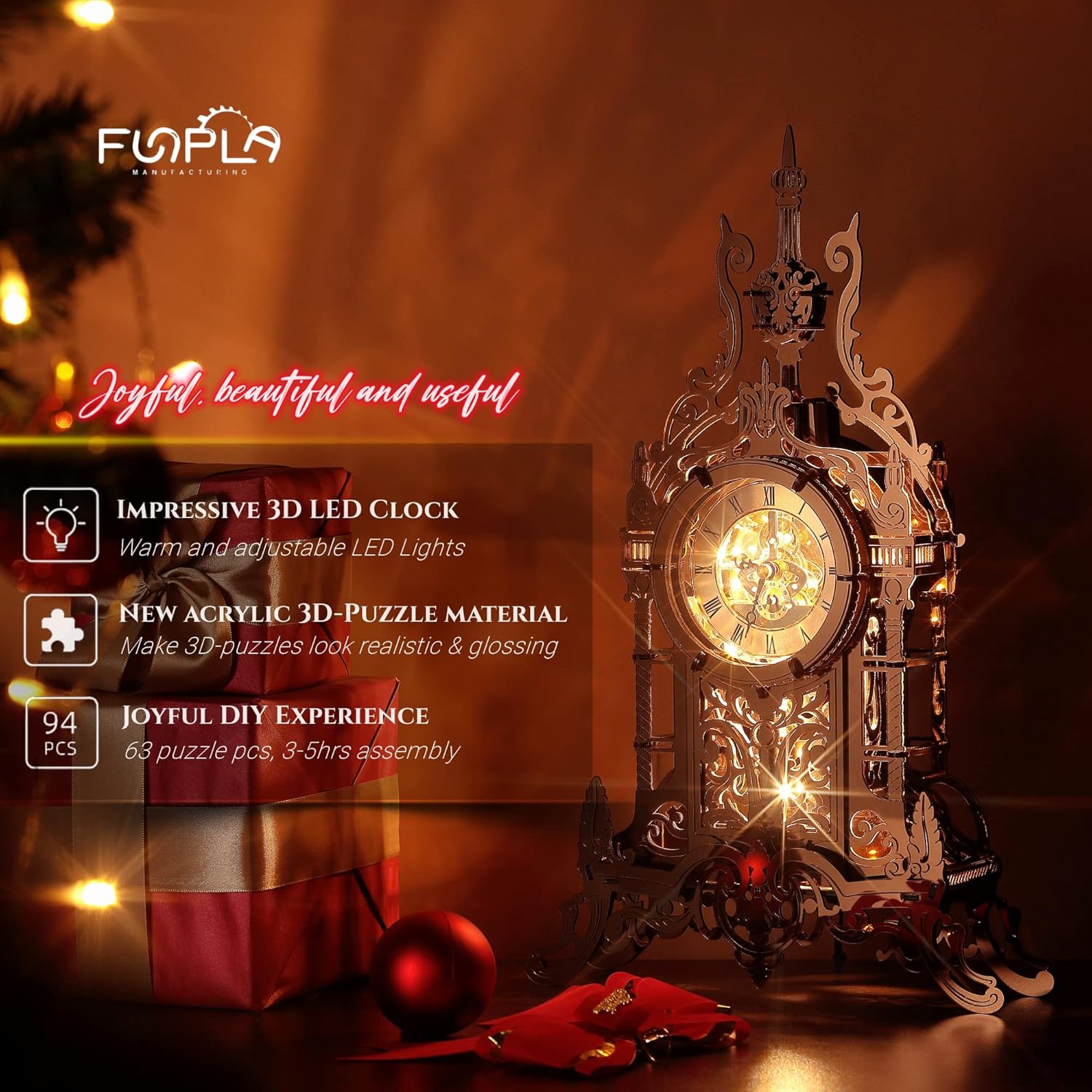 FUNPOLA 3D Acrylic LED Metal Puzzle Clock Tower Model | DIY Handmade Table Clock