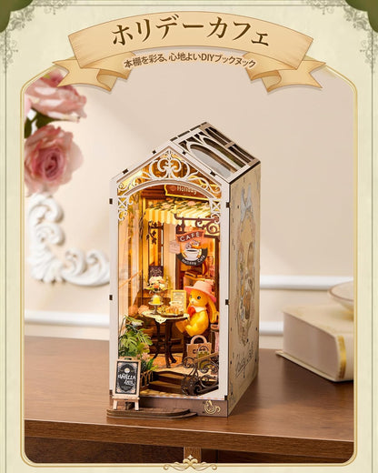 ROBOTIME 3D Book Nook Kit – Wooden Miniature House DIY Puzzle with Built-in LED Light, Handmade Bookshelf Decoration