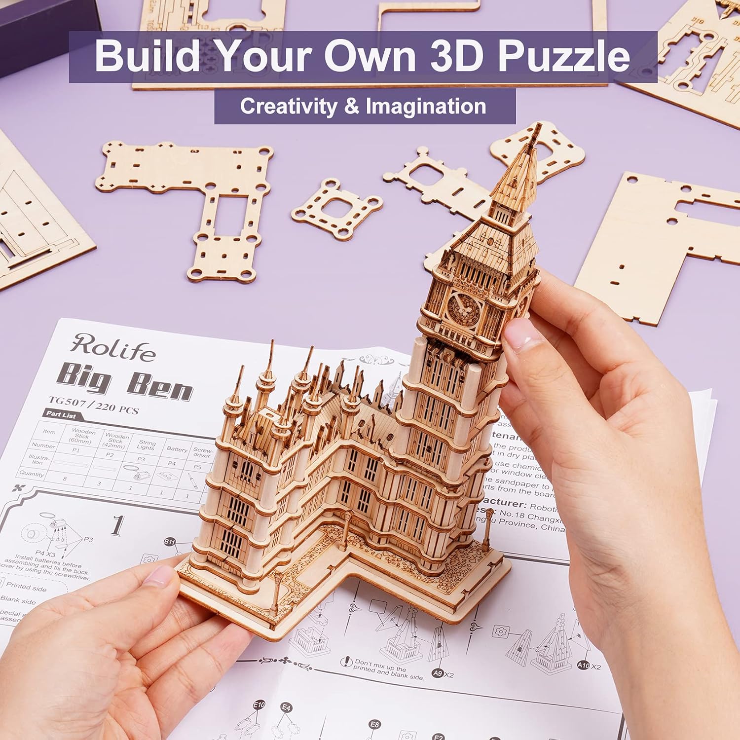 ROBOTIME Big Ben TG507 3D Wooden Puzzle – DIY Craft Model Kit, Educational Toy &amp; Gift for Kids and Adults