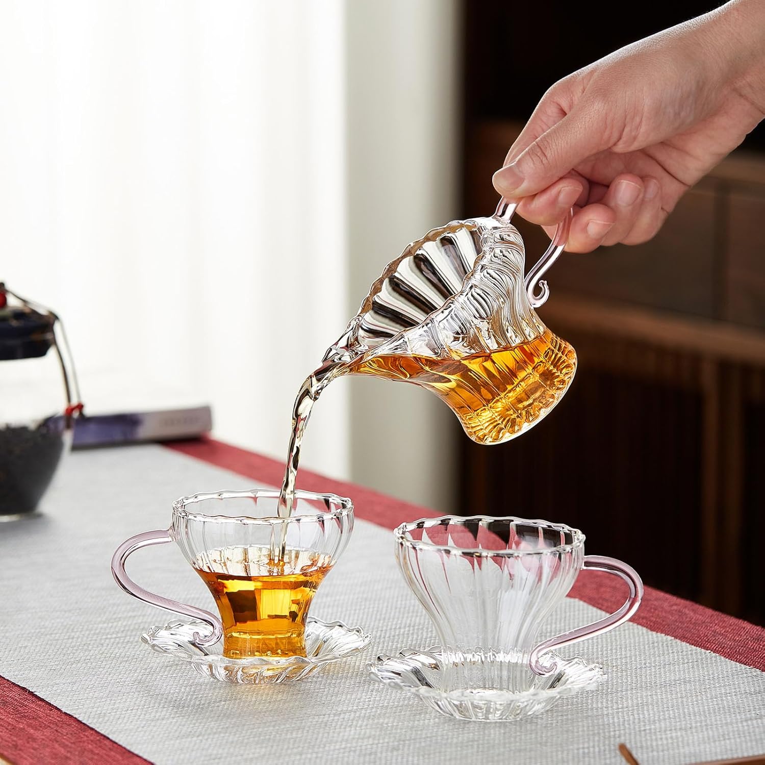 Pocaroty Pink Princess Tea Set 340ml – Handmade Glass Teapot with Cups &amp; Saucers for 2