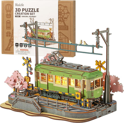 Rolife Cherry Blossom Journey 3D Wooden Puzzle | DIY LED Train Model with Japanese Style Decor