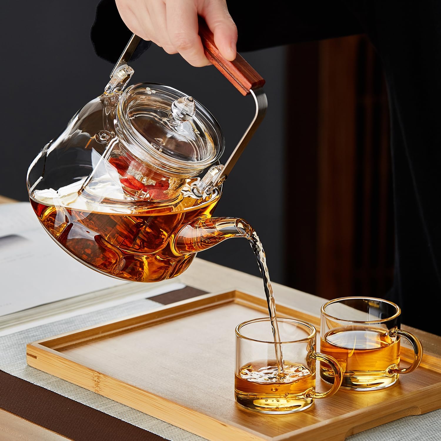 Pocaroty Heat-Resistant Glass Teapot 1060ml – Lotus Base Design, Wooden Handle, Integrated Tea Steamer, Direct Flame Safe