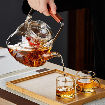 Pocaroty Heat-Resistant Glass Teapot 1060ml – Lotus Base Design, Wooden Handle, Integrated Tea Steamer, Direct Flame Safe