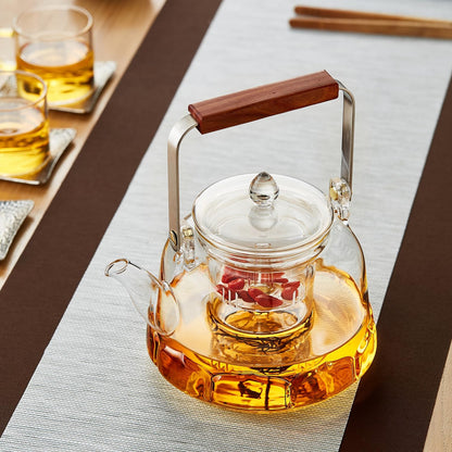 Pocaroty Heat-Resistant Glass Teapot 1060ml – Lotus Base Design, Wooden Handle, Integrated Tea Steamer, Direct Flame Safe