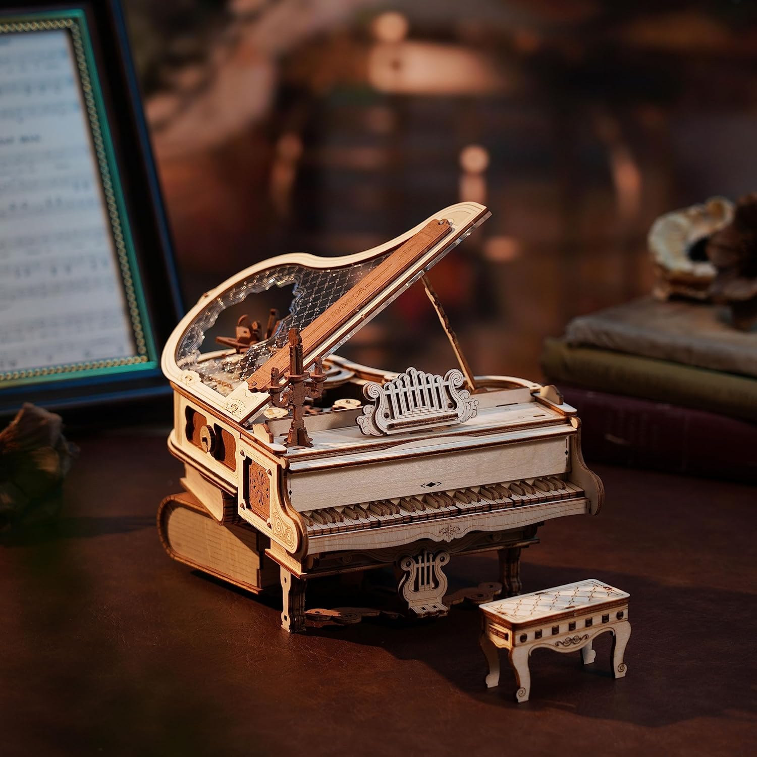 ROKR Piano 3D Wooden Puzzle Music Box – DIY Mechanical Model Kit with Automatic Playback, No Battery Required