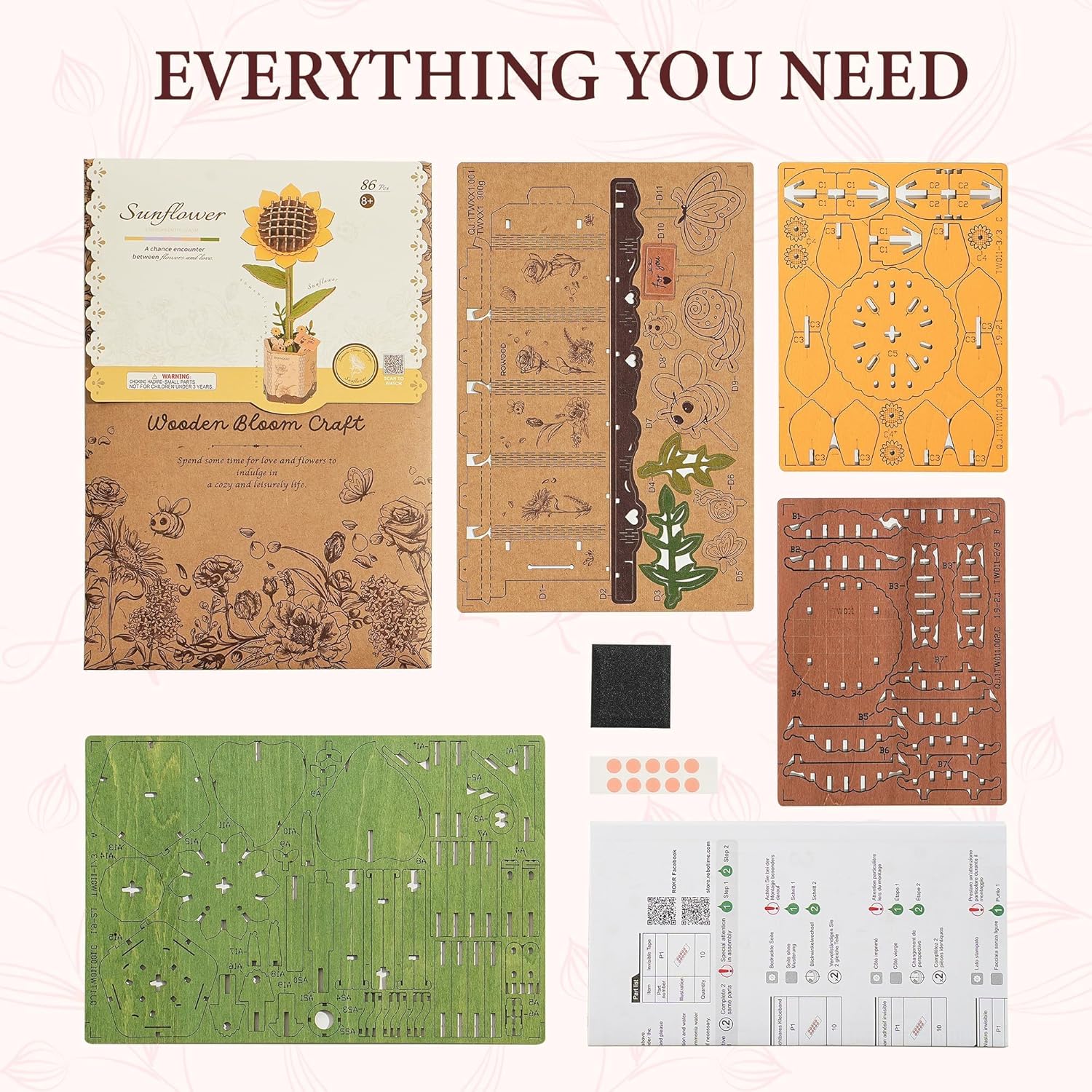 ROBOTIME Sunflower 3D Wooden Puzzle – DIY Botanical Flower Model Kit, Creative Craft &amp; Home Decoration Gift for Adults