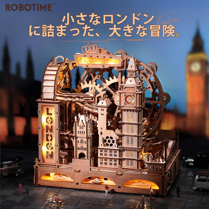 ROBOTIME Marble Run with LED Light – London-Themed 3D Wooden Puzzle, Water Wheel &amp; Gear Marble Roller Coaster DIY Kit