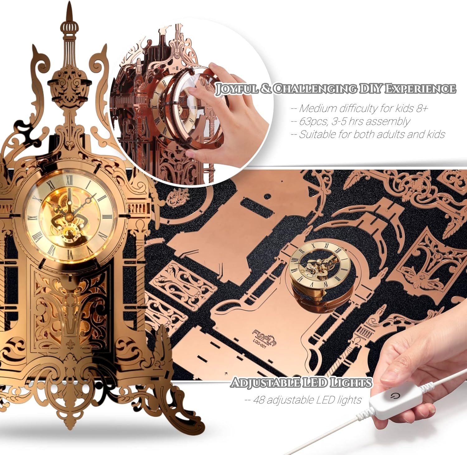 FUNPOLA 3D Acrylic LED Metal Puzzle Clock Tower Model | DIY Handmade Table Clock