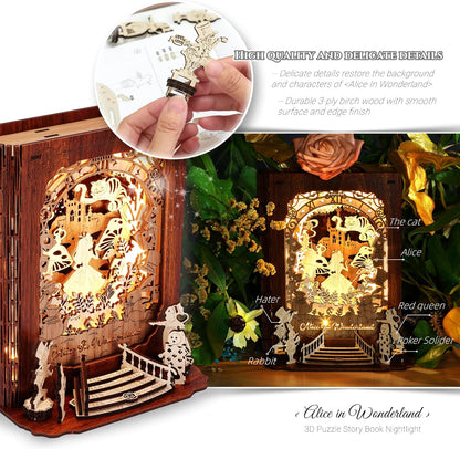 FUNPOLA Alice in Wonderland 3D Wooden Puzzle Night Light | DIY LED Book Lamp