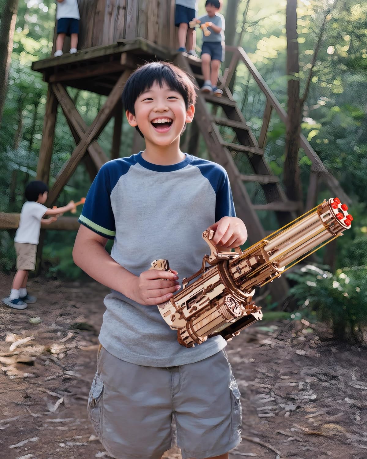 ROBOTIME Gatling Gun 3D Wooden Puzzle – DIY Rubber Band Launcher, STEM Mechanical Assembly Kit with LED Light