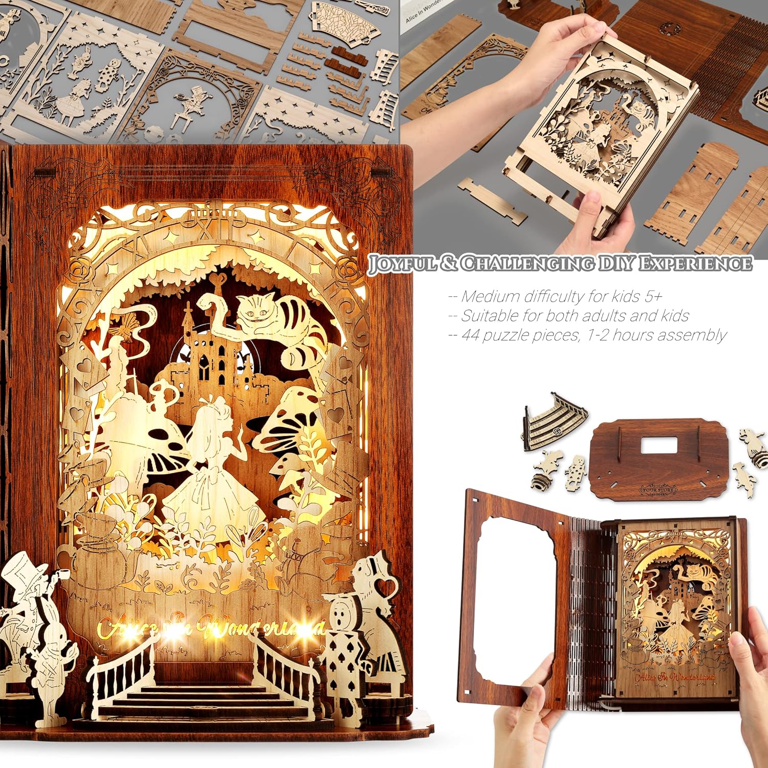 FUNPOLA Alice in Wonderland 3D Wooden Puzzle Night Light | DIY LED Book Lamp